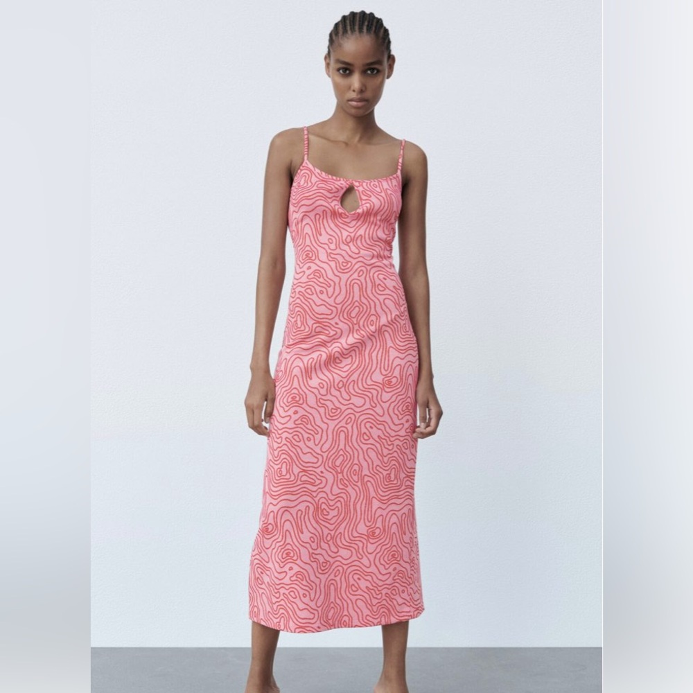 Zara Pink Swirly Jacquard Midi Dress NWT